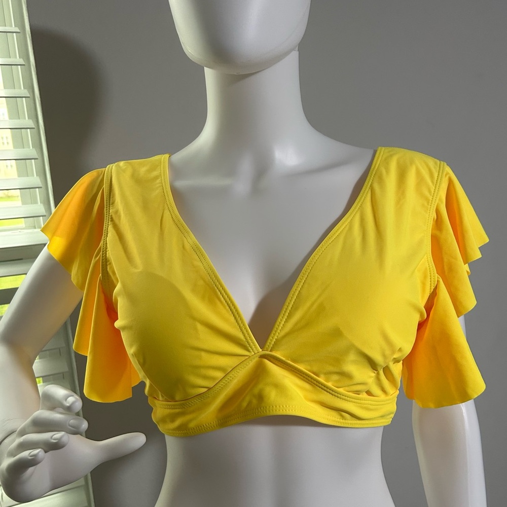 Vibrant Yellow Ruffle Sleeve Swim Crop Top